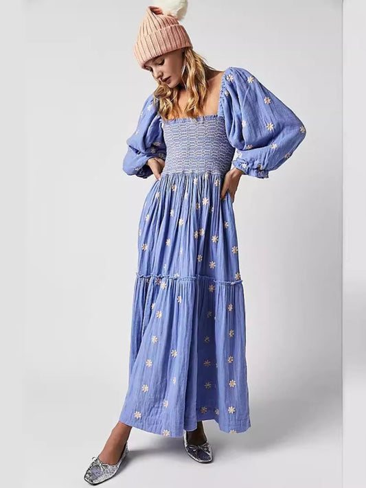 Blue Zone Planet | New style trumpet sleeves embroidered square collar sunflower swing blue dress-TOPS / DRESSES-[Adult]-[Female]-Blue-S-2022 Online Blue Zone Planet