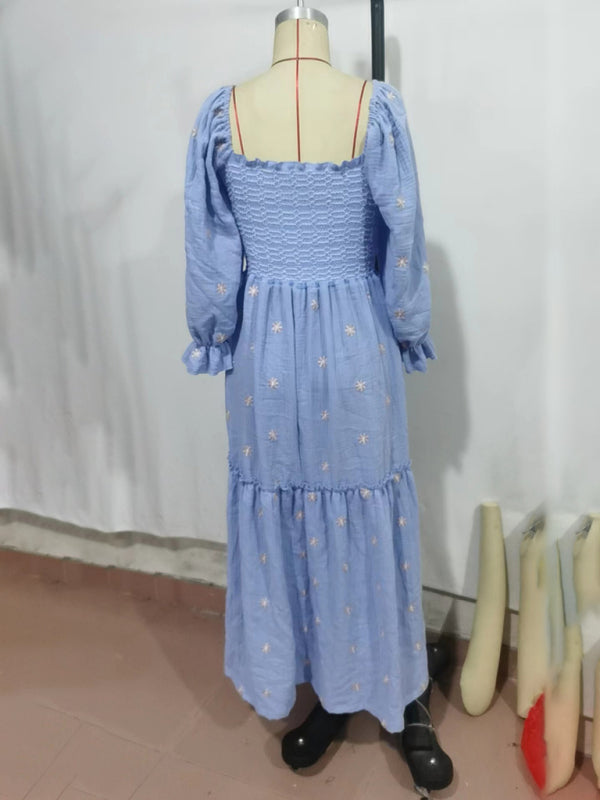 Blue Zone Planet | New style trumpet sleeves embroidered square collar sunflower swing blue dress-TOPS / DRESSES-[Adult]-[Female]-2022 Online Blue Zone Planet