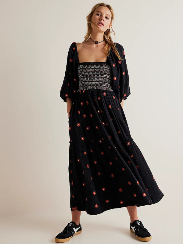 sunflower embroidered dress Sunflower Embroidered Striped Fit-And-Flare Dress In Cotton