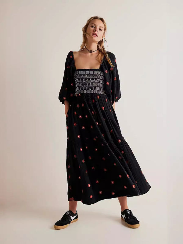 Sunflower Embroidered Square Collar Black Midi Dress-TOPS / DRESSES-[Adult]-[Female]-2022 Online Blue Zone Planet