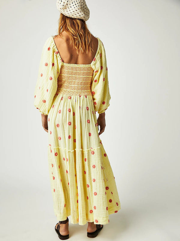 Embroidered square collar dress - yellow, s Embroidered square collar dress - yellow, s