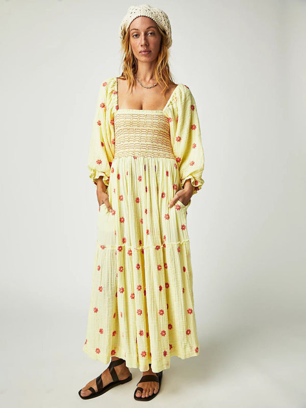sunflower embroidered dress A-line Yellow Sunflower Wedding Dress Boho Off Shoulder Gown Floral Em SELINADRESS
