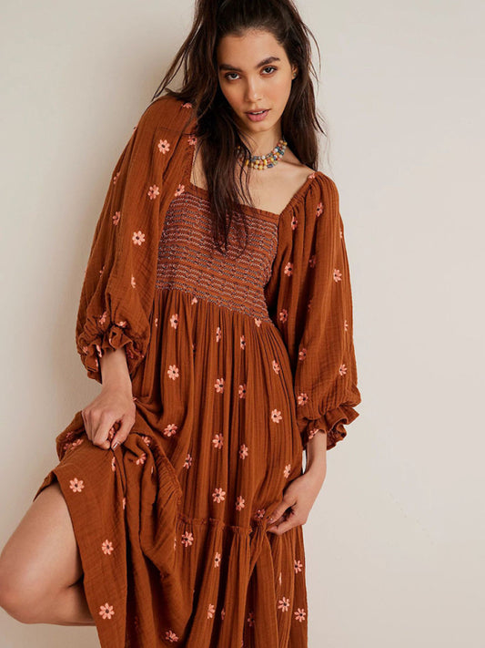 New Casual Embroidered Square Neck Sunflower Brown Dress-[Adult]-[Female]-Brown-S-2022 Online Blue Zone Planet