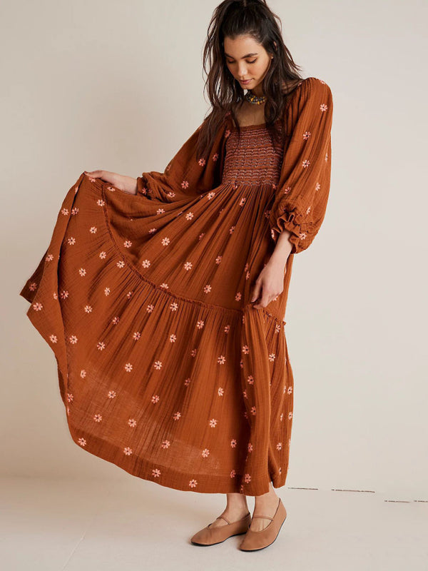 New Casual Embroidered Square Neck Sunflower Brown Dress-[Adult]-[Female]-2022 Online Blue Zone Planet