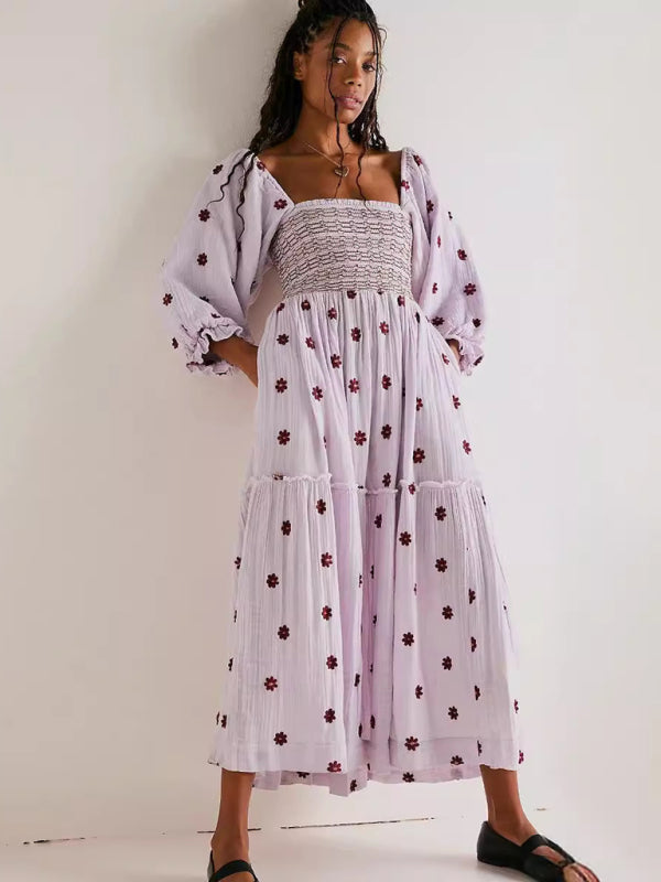 New casual embroidered square collar sunflower light purple dress-[Adult]-[Female]-Lavender-S-2022 Online Blue Zone Planet