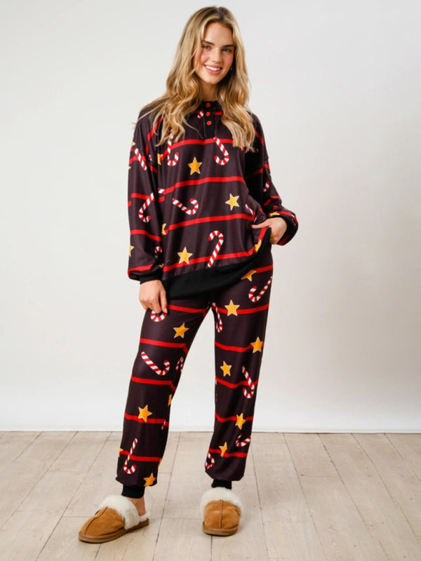 New Christmas Button Down Long Sleeve Pajama Set-TOPS / DRESSES-[Adult]-[Female]-Black-S-2022 Online Blue Zone Planet