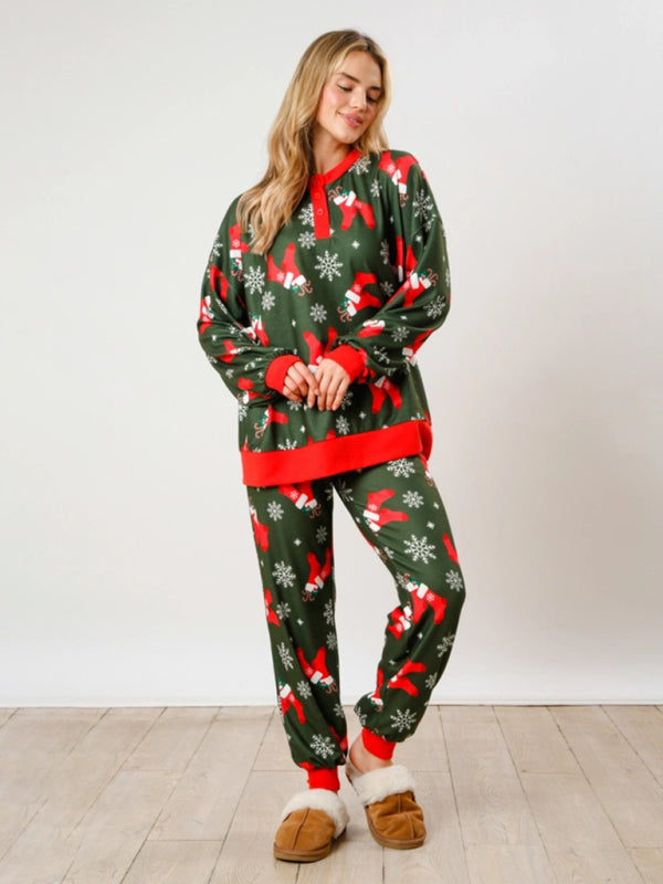 New Christmas Button Down Long Sleeve Pajama Set-TOPS / DRESSES-[Adult]-[Female]-Green-S-2022 Online Blue Zone Planet