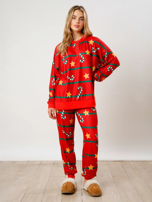 New Christmas Button Down Long Sleeve Pajama Set-TOPS / DRESSES-[Adult]-[Female]-Red-S-2022 Online Blue Zone Planet