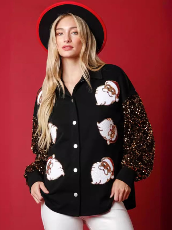 Christmas Women's Santa Claus Decoration Long Sleeve New Fleece Sweater Sequin Sleeve Jacket-[Adult]-[Female]-Black-S-2022 Online Blue Zone Planet