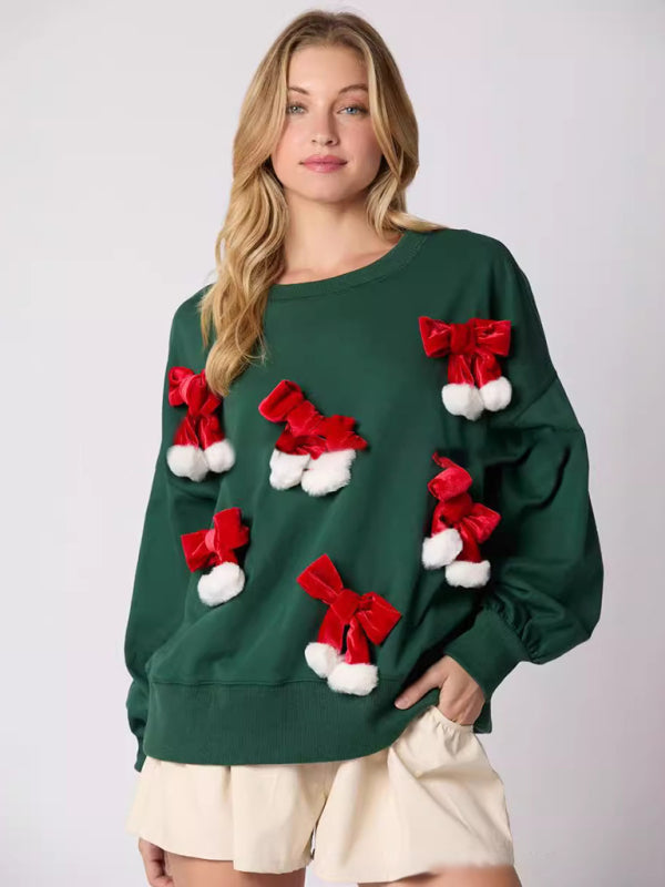 Christmas Bow Decorated Top Casual Long Sleeve Pullover Sweatshirt-[Adult]-[Female]-2022 Online Blue Zone Planet