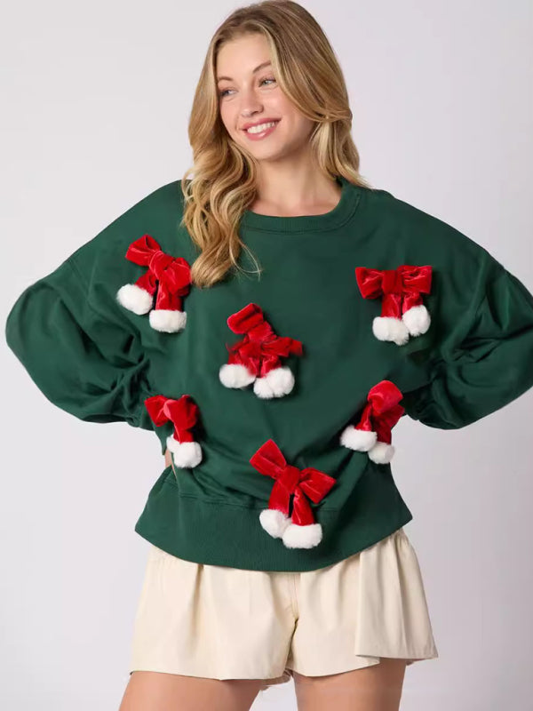 Christmas Bow Decorated Top Casual Long Sleeve Pullover Sweatshirt-[Adult]-[Female]-2022 Online Blue Zone Planet