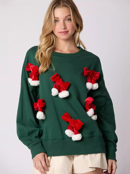 Christmas Bow Decorated Top Casual Long Sleeve Pullover Sweatshirt-[Adult]-[Female]-Green black jasper-S-2022 Online Blue Zone Planet