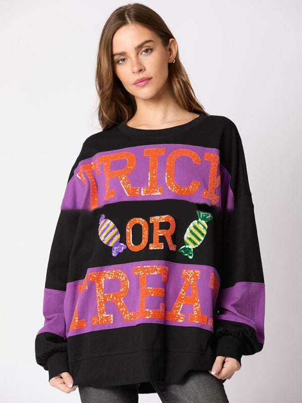 Halloween Trick or Treat Sequined Color Block Sweater-TOPS / DRESSES-[Adult]-[Female]-Black-S-2022 Online Blue Zone Planet