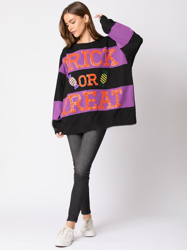 Halloween Trick or Treat Sequined Color Block Sweater-TOPS / DRESSES-[Adult]-[Female]-2022 Online Blue Zone Planet