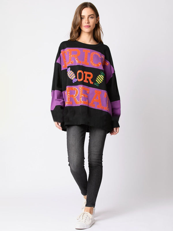 Halloween Trick or Treat Sequined Color Block Sweater-TOPS / DRESSES-[Adult]-[Female]-2022 Online Blue Zone Planet