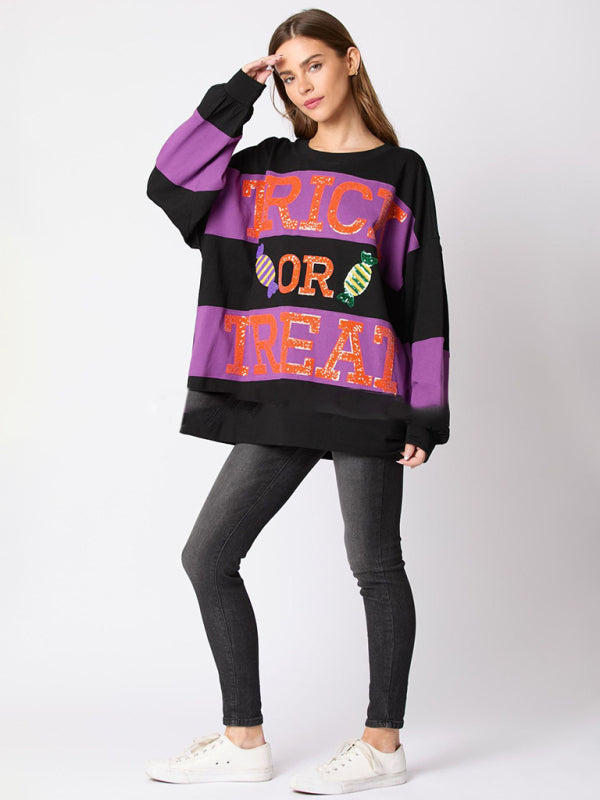 Halloween Trick or Treat Sequined Color Block Sweater-TOPS / DRESSES-[Adult]-[Female]-2022 Online Blue Zone Planet