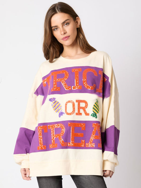 Halloween Trick or Treat Sequined Color Block Sweater-TOPS / DRESSES-[Adult]-[Female]-White-S-2022 Online Blue Zone Planet