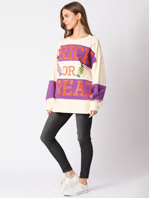 Halloween Trick or Treat Sequined Color Block Sweater-TOPS / DRESSES-[Adult]-[Female]-2022 Online Blue Zone Planet