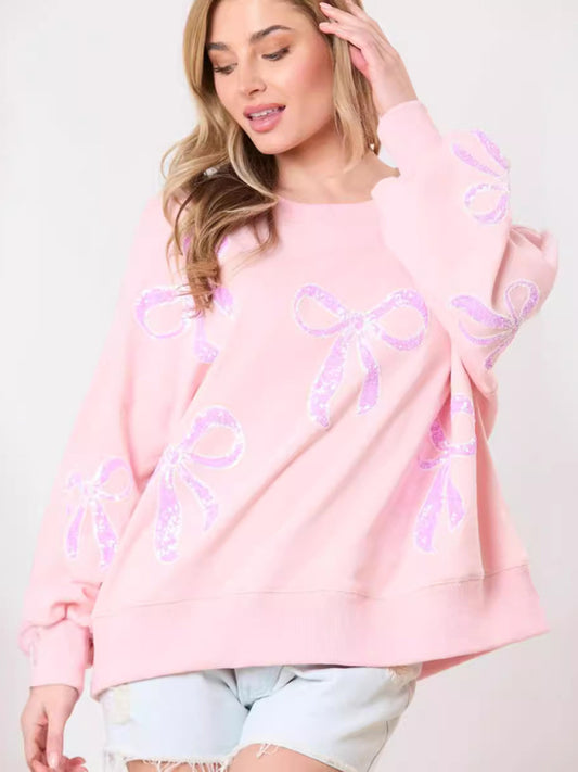 Women's Sweet Loose Pullover Bow Ribbon Sequined Round Neck Sweater-[Adult]-[Female]-Pink-S-2022 Online Blue Zone Planet