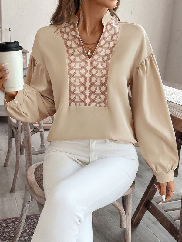 Women's long-sleeved stand-up collar ethnic style printed shirt