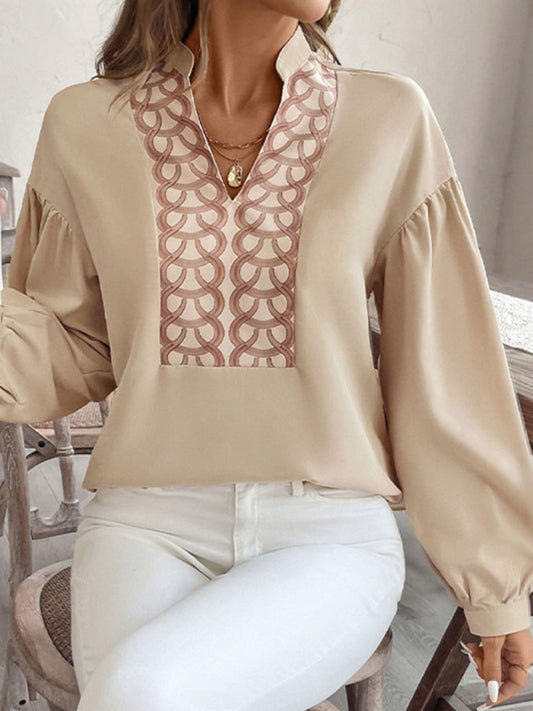 Women's long-sleeved stand-up collar ethnic style printed shirt