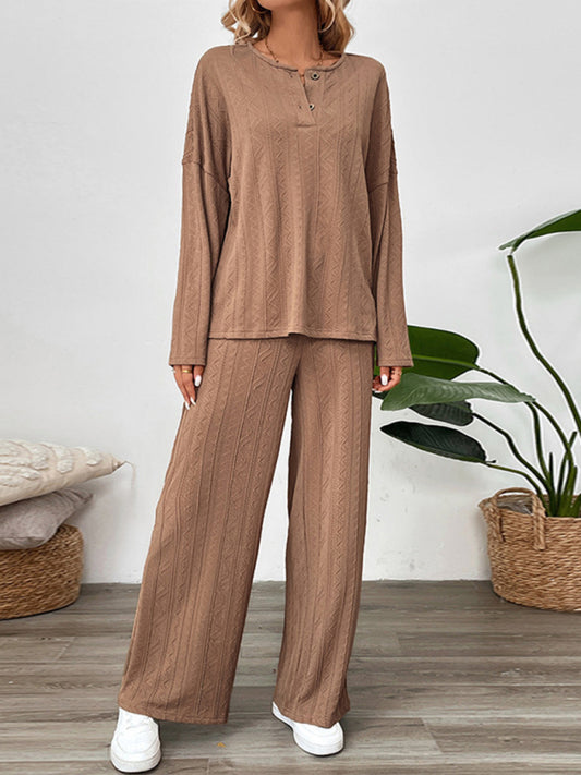 New casual texture wide-leg pants two-piece suit round neck home long pants set