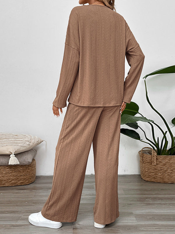 New casual texture wide-leg pants two-piece suit round neck home long pants set