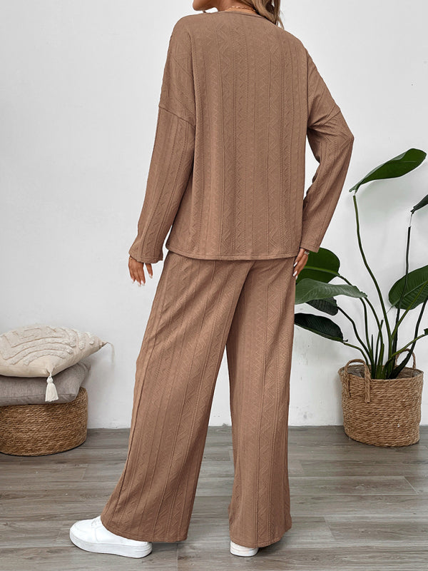 New casual texture wide-leg pants two-piece suit round neck home long pants set