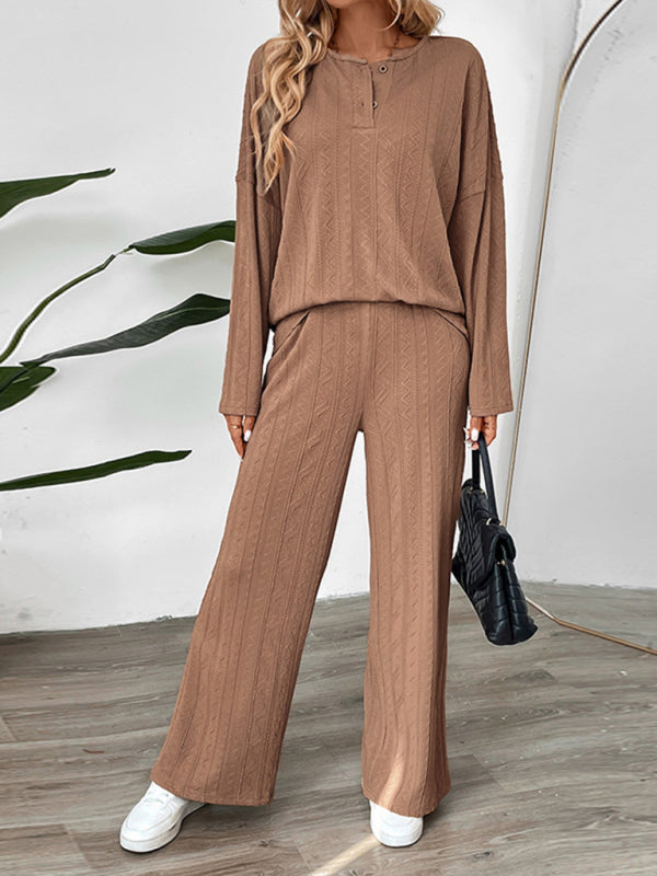 New casual texture wide-leg pants two-piece suit round neck home long pants set