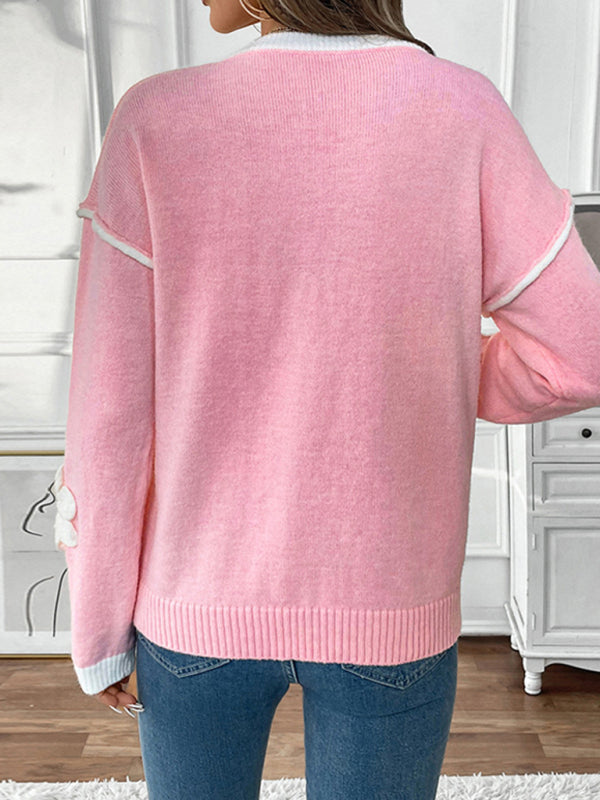 Valentine's Day long-sleeved V-neck 3D applique pink sweater