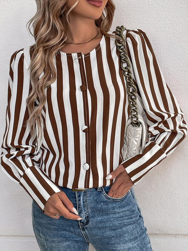 V-neck single-breasted cardigan striped contrast color long-sleeved women's shirt