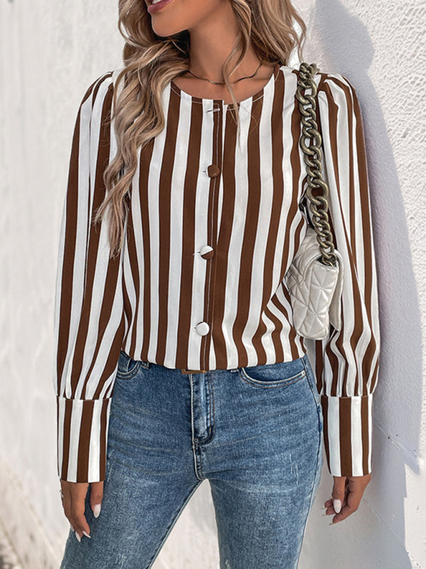 V-neck single-breasted cardigan striped contrast color long-sleeved women's shirt