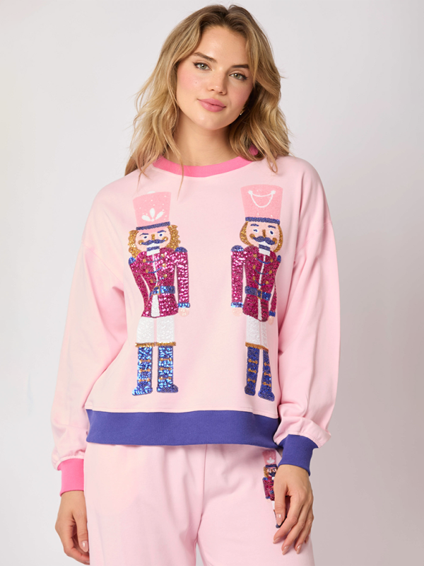 Women's New Christmas Soldier Sequins Color Blocking Fashion Casual Sweatshirt Two Piece Set-[Adult]-[Female]-Pink-S-2022 Online Blue Zone Planet