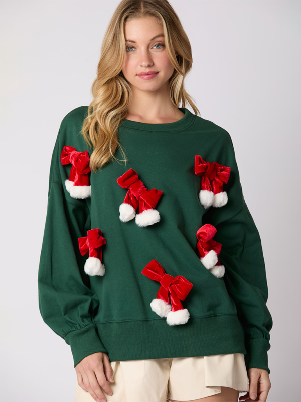 Christmas Bow Decoration Top Casual Long Sleeve Pullover Sweatshirt-[Adult]-[Female]-Green black jasper-S-2022 Online Blue Zone Planet