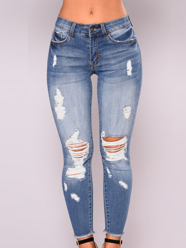 Women's high waist stretch ripped jeans-[Adult]-[Female]-Clear blue-S-2022 Online Blue Zone Planet