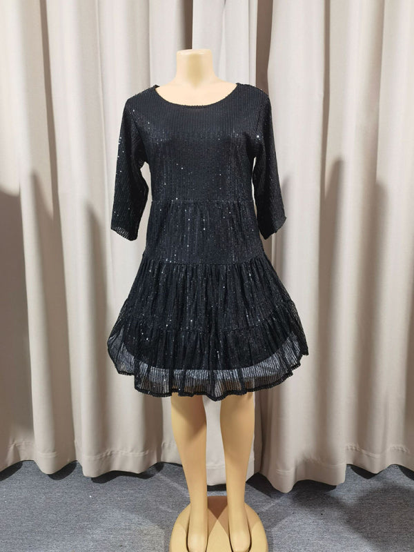 Women's Fashion Solid Color Loose Waist Short Sleeve Short Skirt Sequined Dress Party Banquet Dress-[Adult]-[Female]-2022 Online Blue Zone Planet