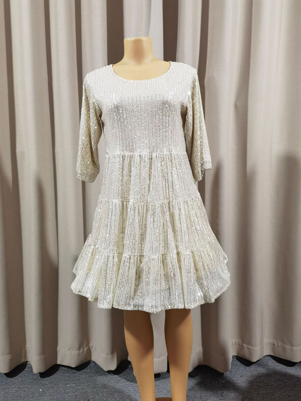 Women's Fashion Solid Color Loose Waist Short Sleeve Short Skirt Sequined Dress Party Banquet Dress-[Adult]-[Female]-2022 Online Blue Zone Planet