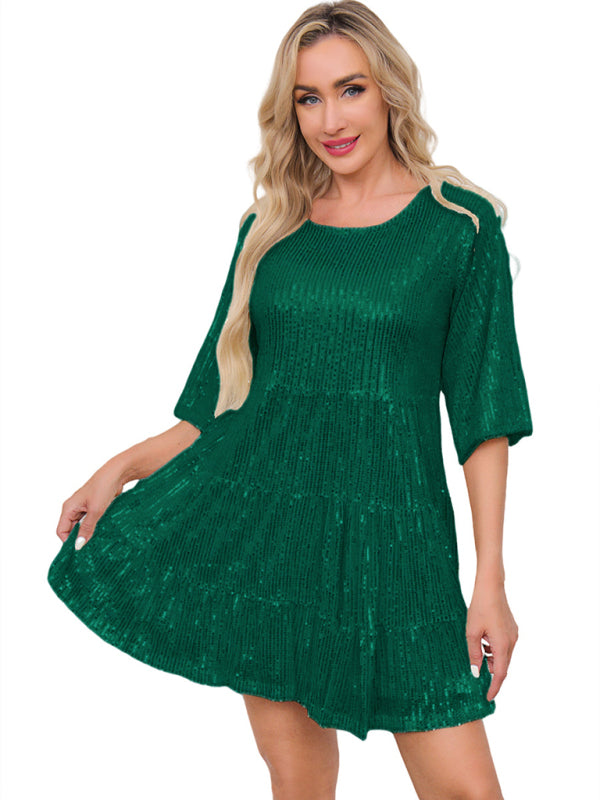 Women's Fashion Solid Color Loose Waist Short Sleeve Short Skirt Sequined Dress Party Banquet Dress-[Adult]-[Female]-Green black jasper-S-2022 Online Blue Zone Planet