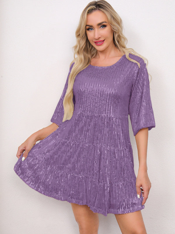 Women's Fashion Solid Color Loose Waist Short Sleeve Short Skirt Sequined Dress Party Banquet Dress-[Adult]-[Female]-Purple-S-2022 Online Blue Zone Planet