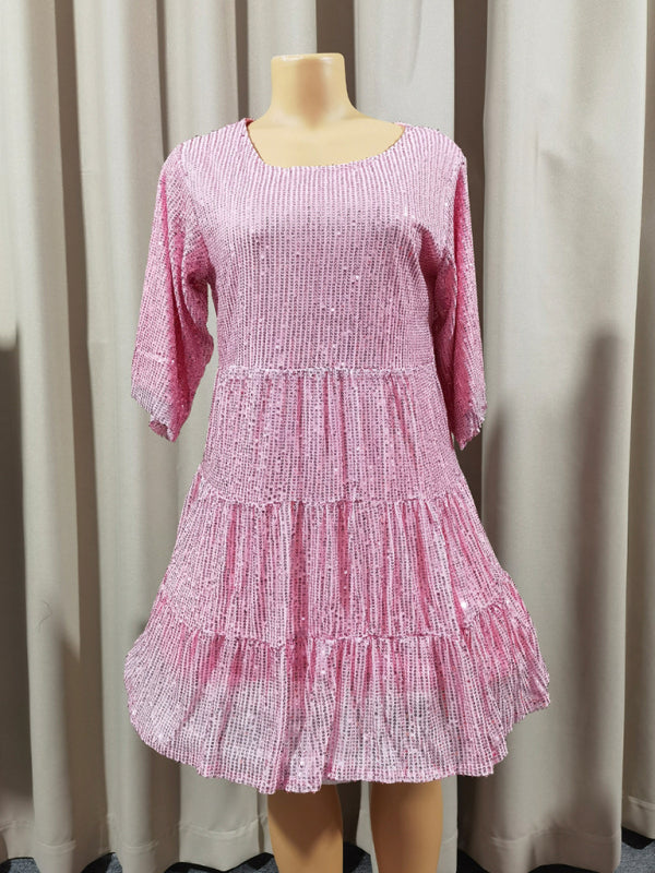 Women's Fashion Solid Color Loose Waist Short Sleeve Short Skirt Sequined Dress Party Banquet Dress-[Adult]-[Female]-Pink-S-2022 Online Blue Zone Planet