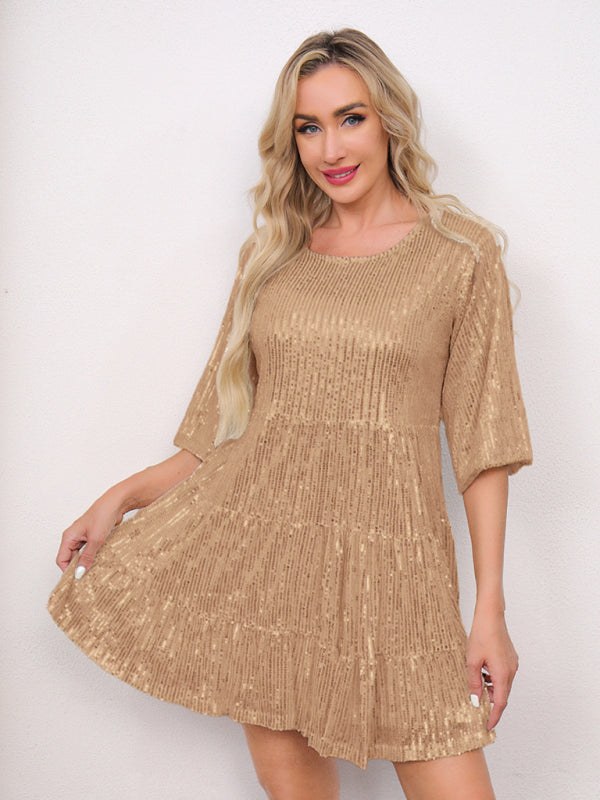 Women's Fashion Solid Color Loose Waist Short Sleeve Short Skirt Sequined Dress Party Banquet Dress-[Adult]-[Female]-Rose golden-S-2022 Online Blue Zone Planet