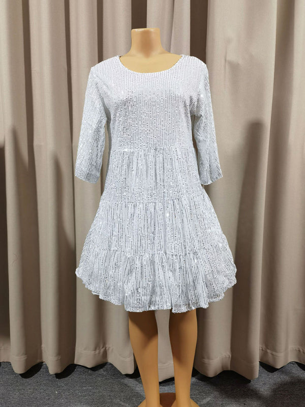 Women's Fashion Solid Color Loose Waist Short Sleeve Short Skirt Sequined Dress Party Banquet Dress-[Adult]-[Female]-2022 Online Blue Zone Planet