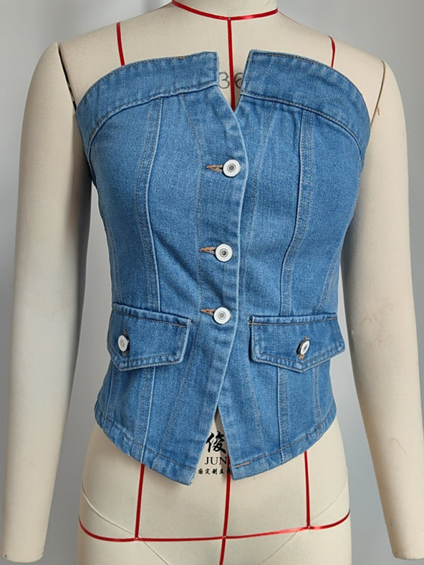 New style one-row buttoned off-shoulder slim washed denim sexy tube top-[Adult]-[Female]-2022 Online Blue Zone Planet