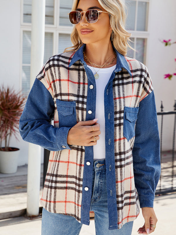 Plaid Casual Denim Long Sleeve Jacket Top-[Adult]-[Female]-Blue-S-2022 Online Blue Zone Planet