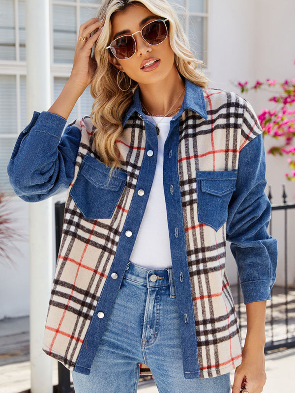 Plaid Casual Denim Long Sleeve Jacket Top-[Adult]-[Female]-2022 Online Blue Zone Planet