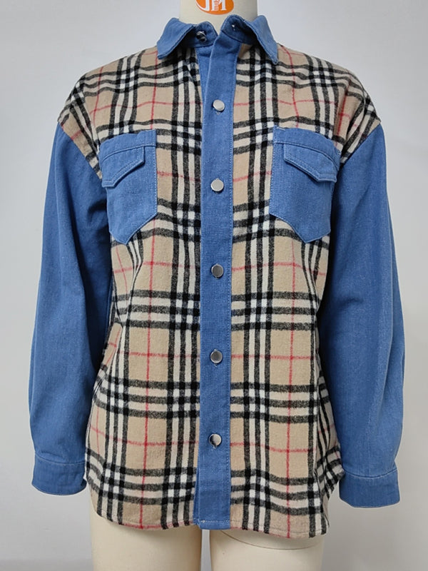 Plaid Casual Denim Long Sleeve Jacket Top-[Adult]-[Female]-2022 Online Blue Zone Planet