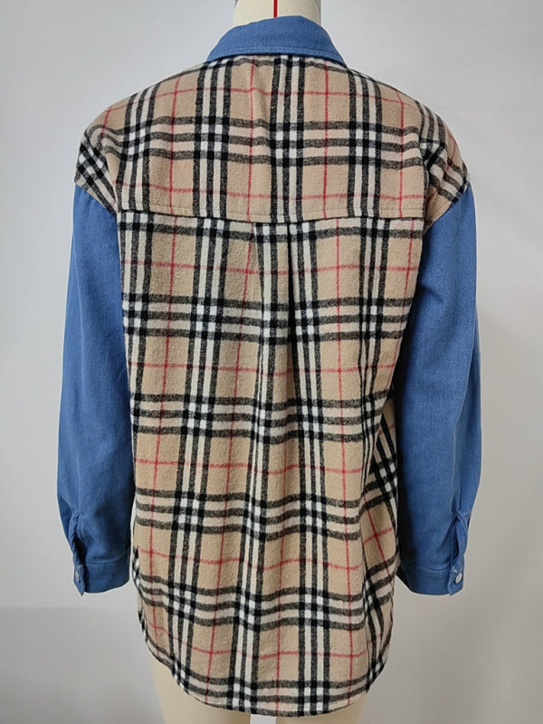 Plaid Casual Denim Long Sleeve Jacket Top-[Adult]-[Female]-2022 Online Blue Zone Planet