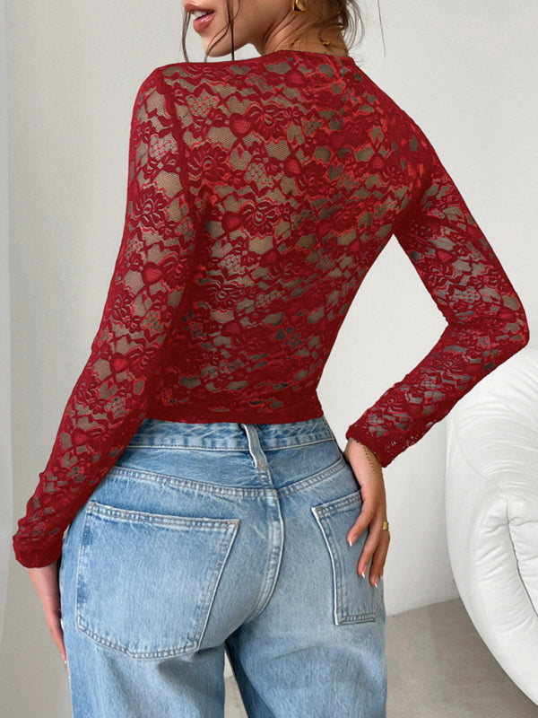 Blue Zone Planet |  Beautiful y2k sexy style slim fit hollow long sleeve lace blouse top