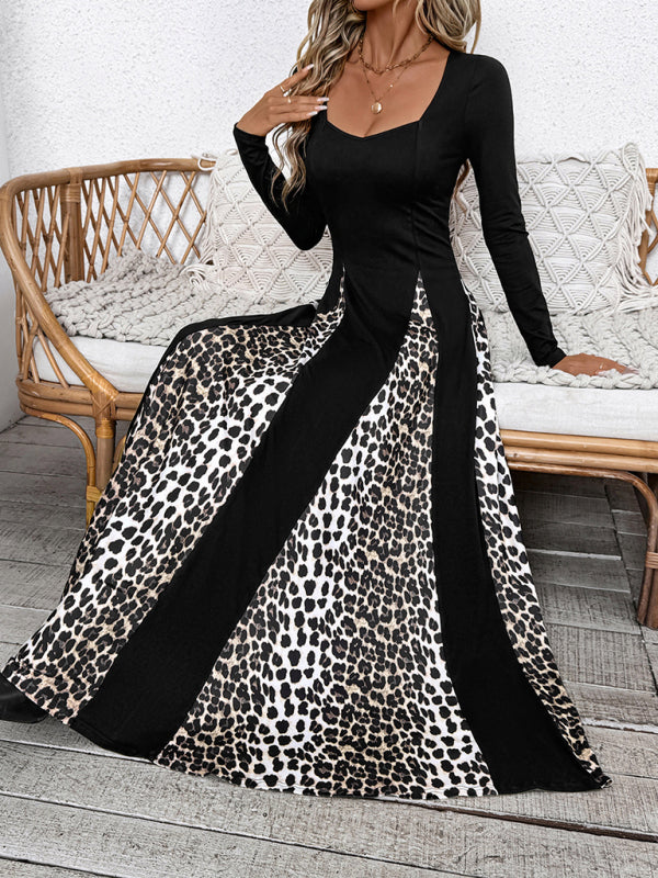 Blue Zone Planet | New leopard print stitching retro high waist long sleeve wide leg dress