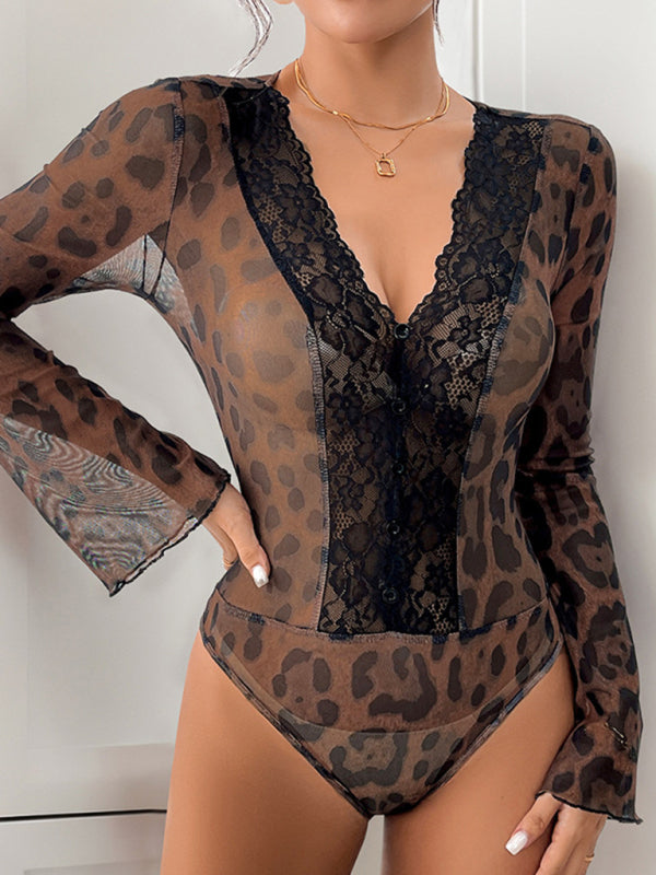 Blue Zone Planet | Fashion Leopard Print Mesh Splicing Trumpet Sleeve Bodysuit-[Adult]-[Female]-Coffee-S-2022 Online Blue Zone Planet